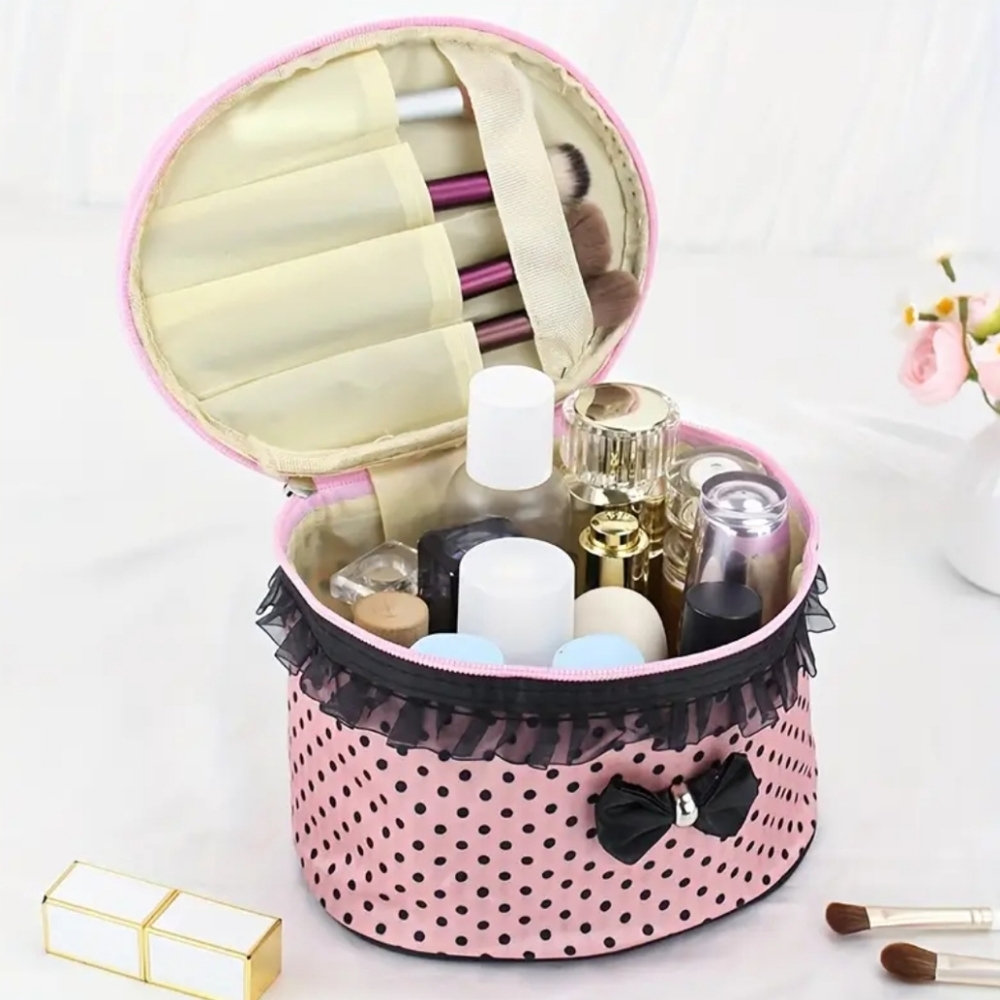 🆕️EXTRA LARGE VINTAGE PINK & BLACK POLKA DOT ZIPPERED COSMETIC BAG WITH POCKETS - Picture 7 of 16